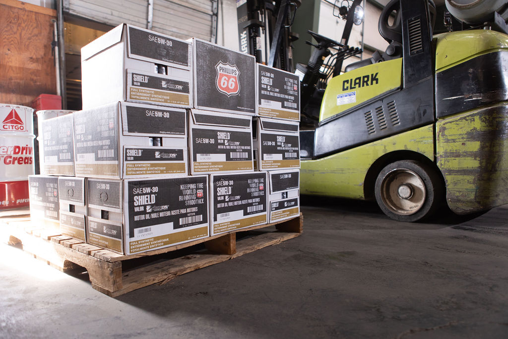 Pallet of Phillips 66 motor oil waiting to be loaded on a shipping truck